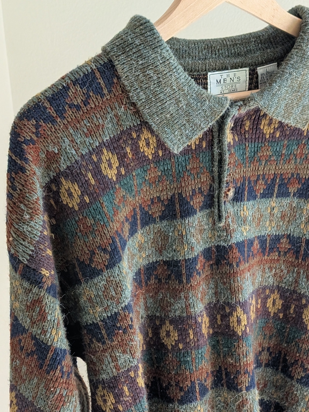 Vintage Abstract Geometric Patterned Collared Henley Sweater In Sage Green/Brown - Picture 5 of 8